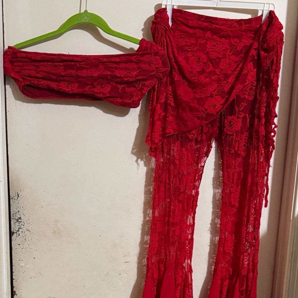 Red Lace Bell Bottom Pants and Matching Red Lace Halter Crop  Top